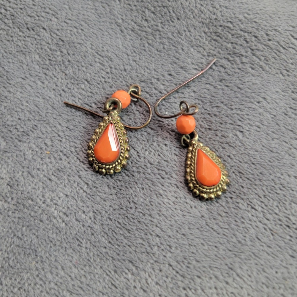 Vintage Style Orangeโ Teardrop Drop Earrings Antiqued Brass Boho Dangle Hook
